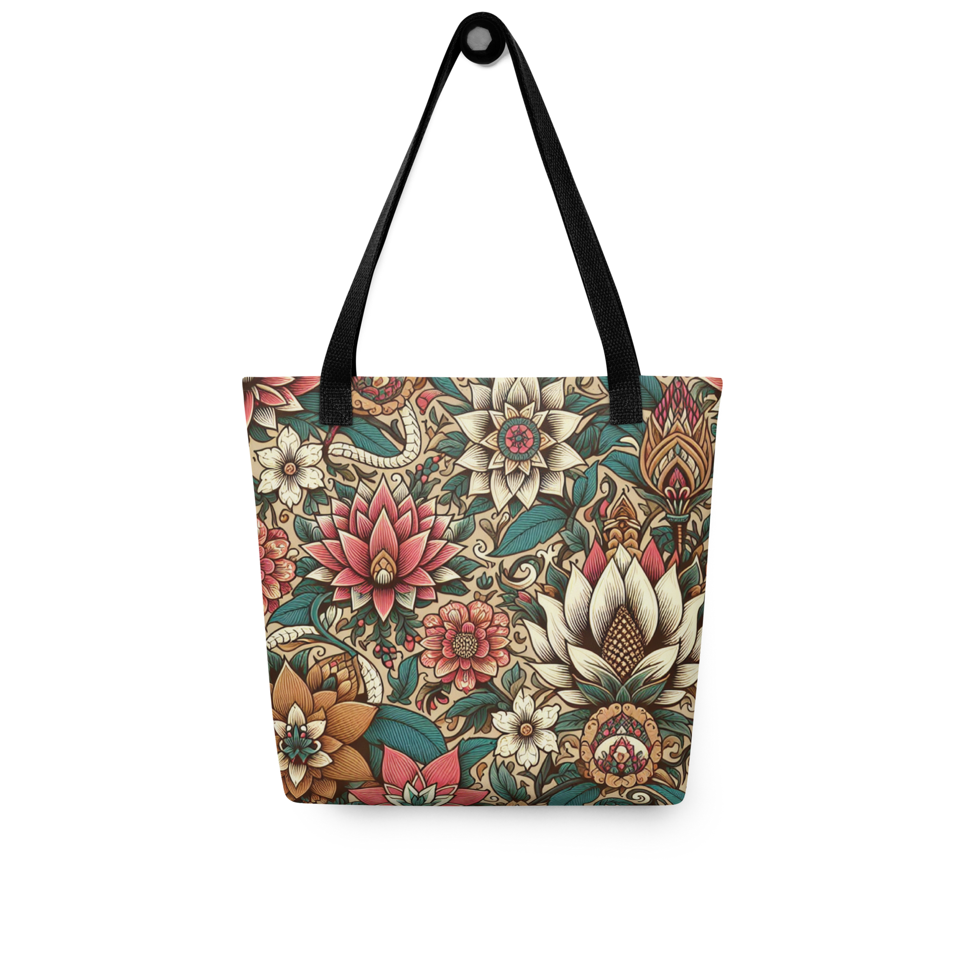 All-Over Stoffbeutel mit Vintage Blumenmuster und schwarzem Henkel