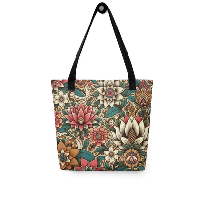 All-Over Stoffbeutel mit Vintage Blumenmuster und schwarzem Henkel