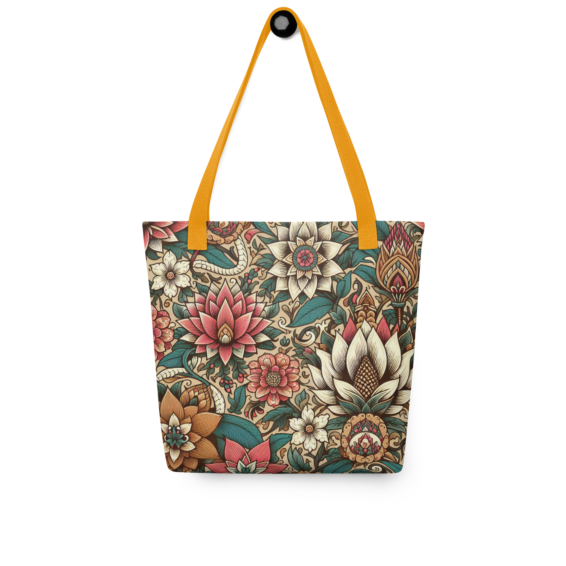 All-Over Stoffbeutel mit Vintage Blumenmuster und orangen Henkel