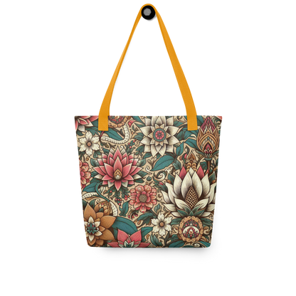 All-Over Stoffbeutel mit Vintage Blumenmuster und orangen Henkel