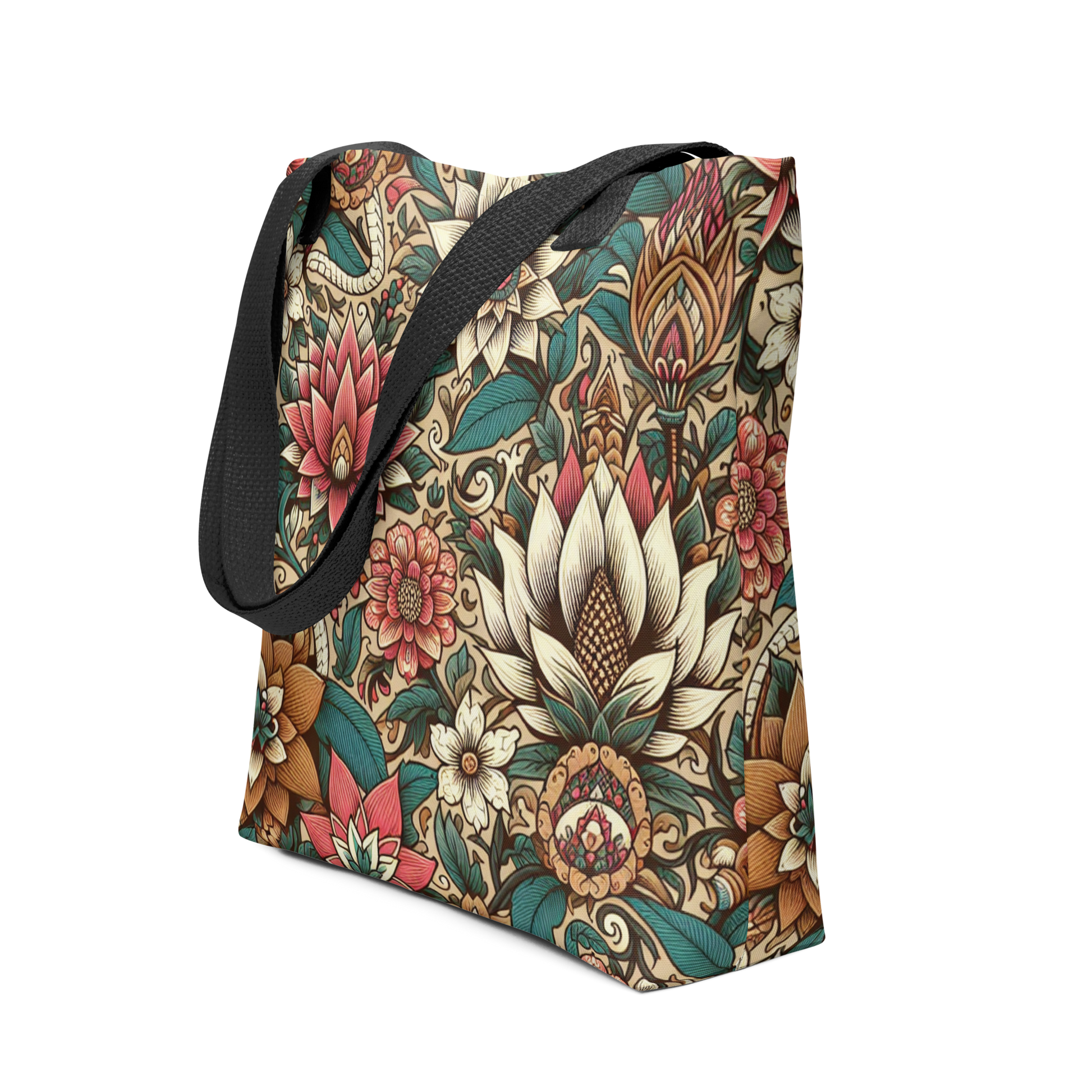 All-Over Stoffbeutel mit Vintage Blumenmuster und schwarzem Henkel, Seitenansicht