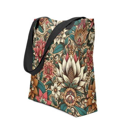 All-Over Stoffbeutel mit Vintage Blumenmuster und schwarzem Henkel, Seitenansicht