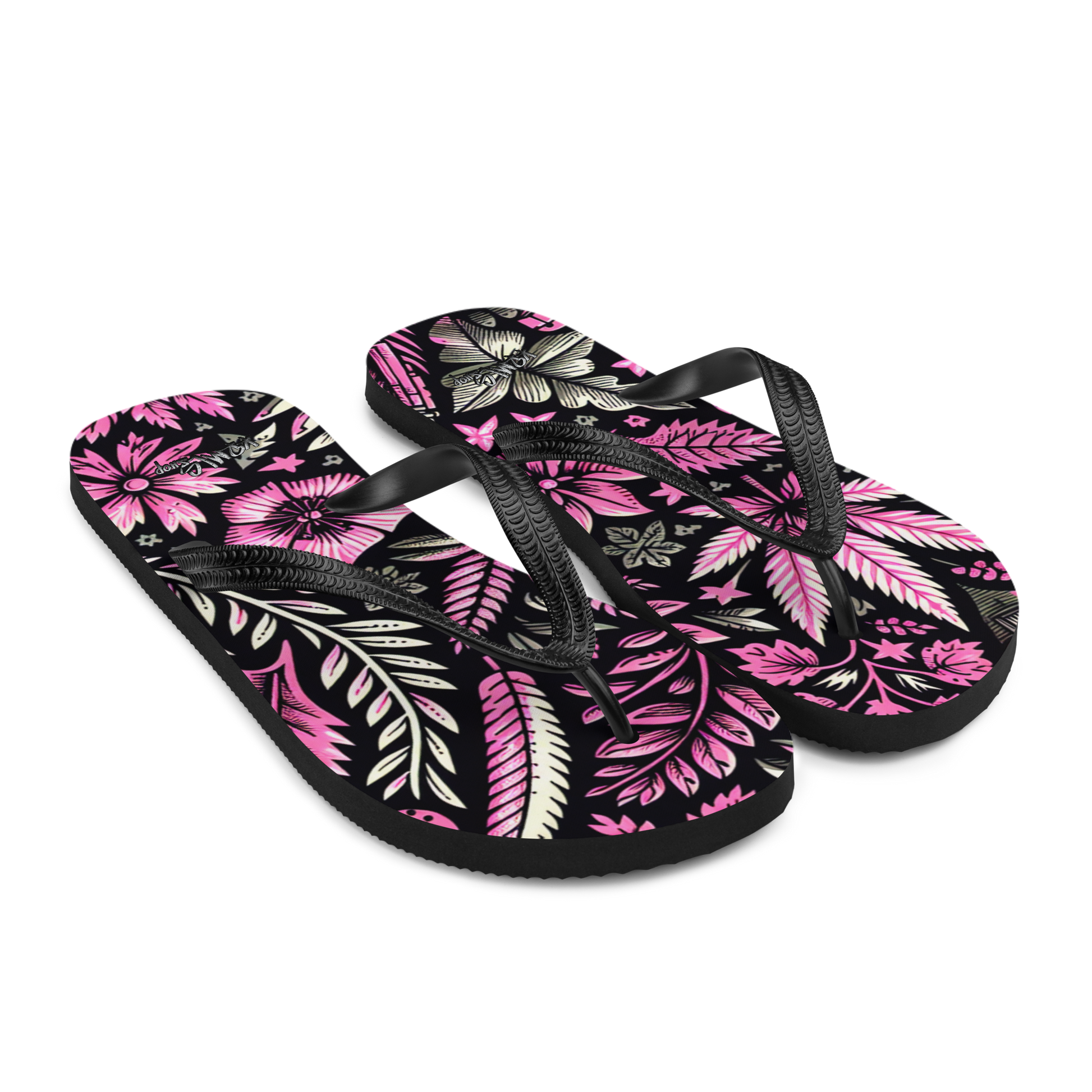 Seitenansicht zwei Flip-Flops mit schwarz pinkem Hanfblatt Muster