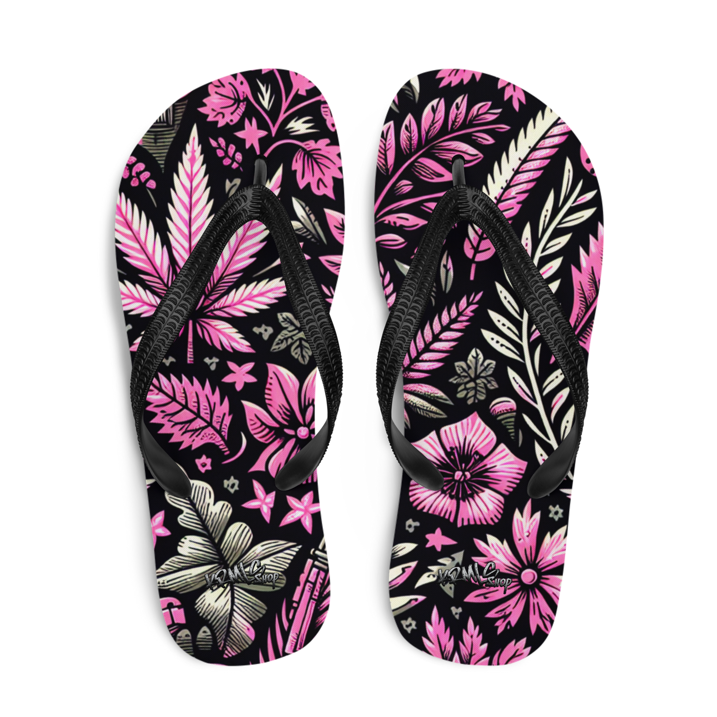 Obenansicht Flip-Flops mit pink schwarzem Hanfblatt Muster