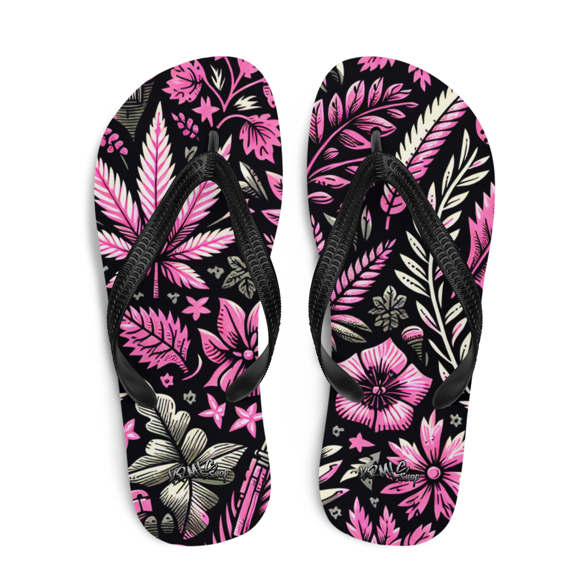 Obenansicht Flip-Flops mit pink schwarzem Hanfblatt Muster
