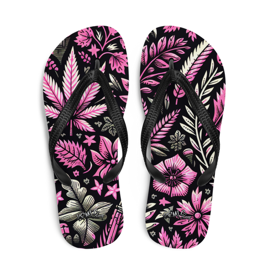 Obenansicht Flip-Flops mit pink schwarzem Hanfblatt Muster