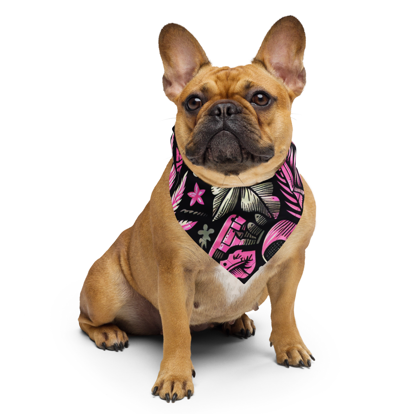 Hund trägt Bandana mit pink schwarzem Hanfblatt Muster