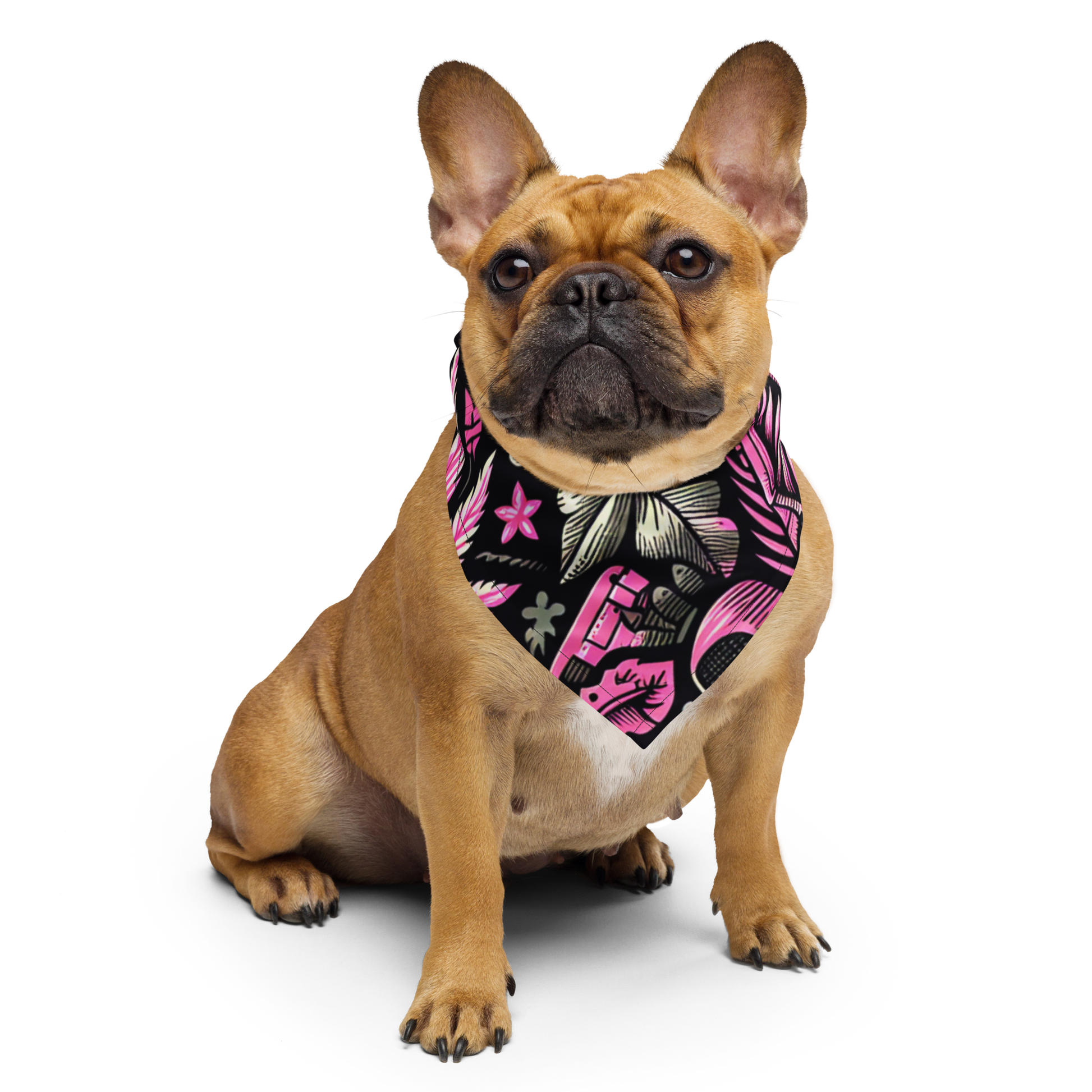 Hund trägt Bandana mit pink schwarzem Hanfblatt Muster