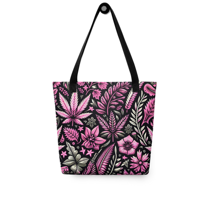 All Over Stoffbeutel mit pink schwarzem Hanfblatt Muster