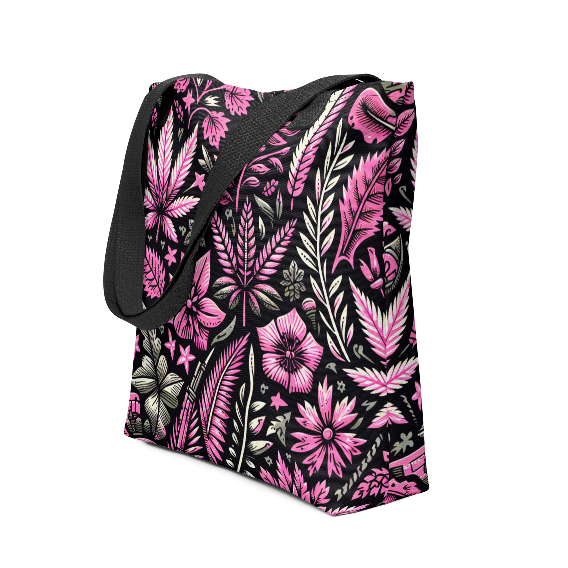 Seitenansicht All Over Stoffbeutel mit pink schwarzem Hanfblatt Muster