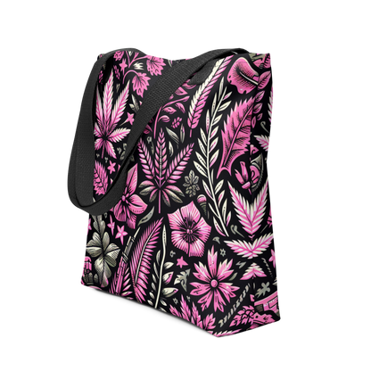 Seitenansicht All Over Stoffbeutel mit pink schwarzem Hanfblatt Muster