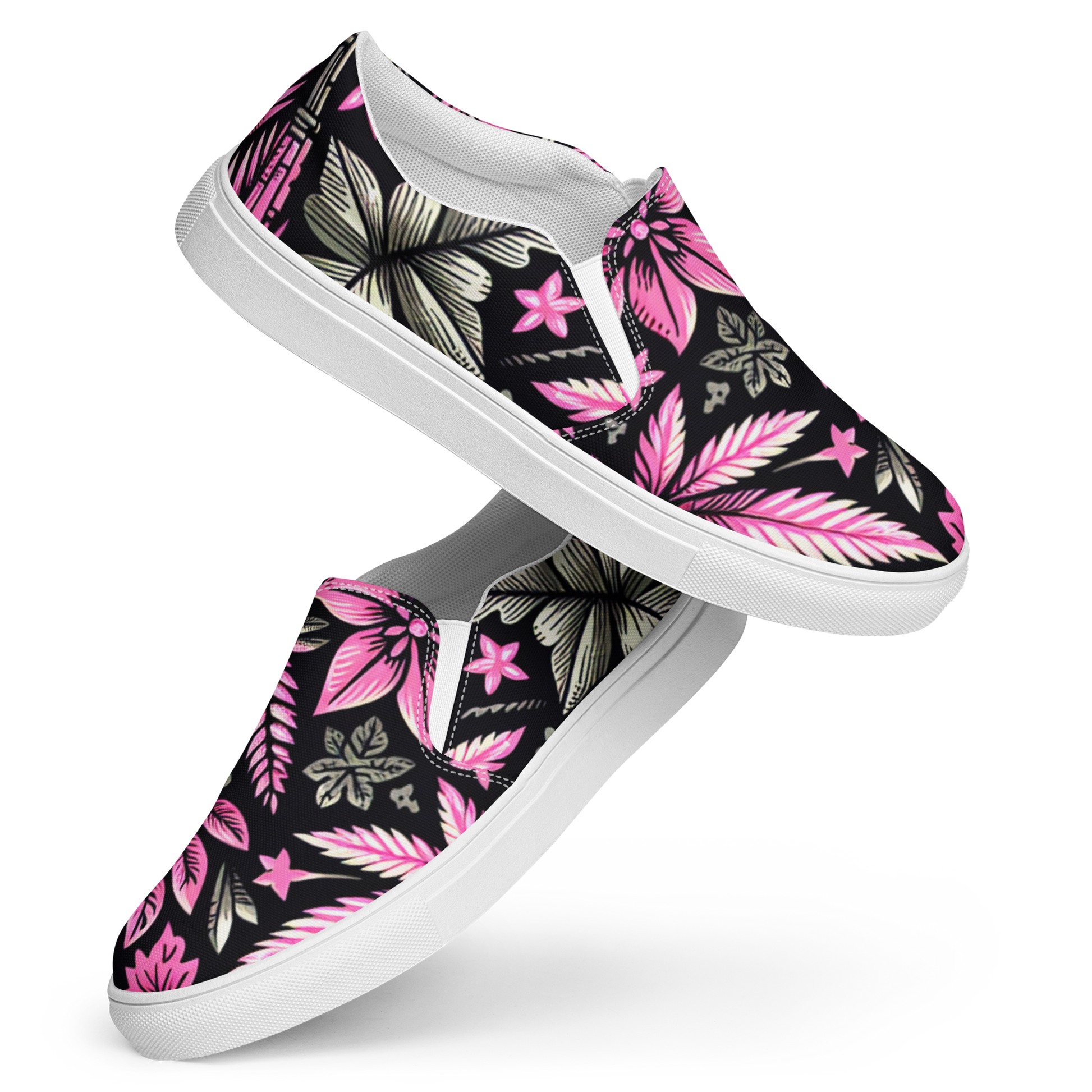 Zwei Damen Slip Ons mit pink schwarzem Hanfblatt Muster