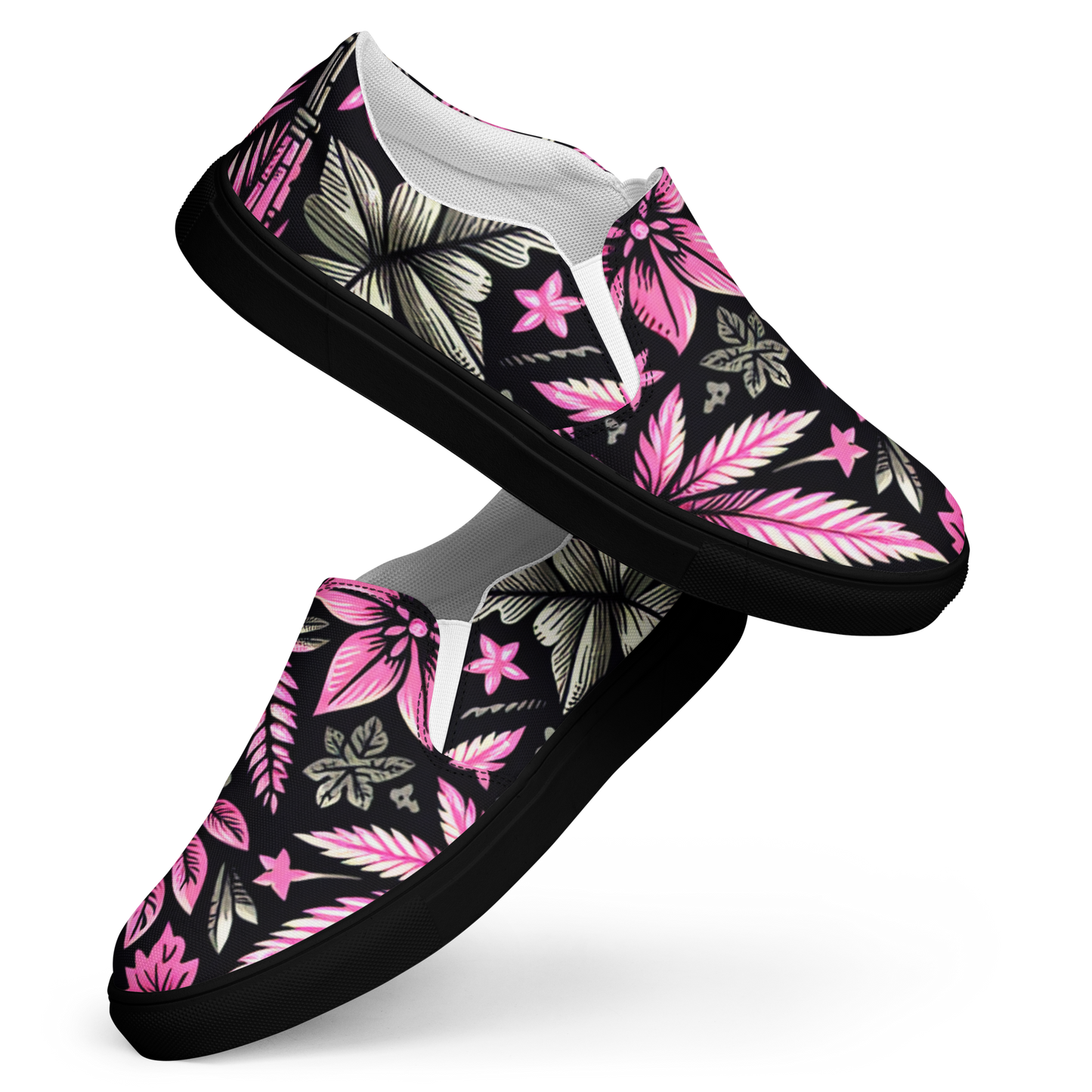 Zwei Damen Slip Ons mit pink schwarzem Hanfblatt Muster und schwarzem Gummirand