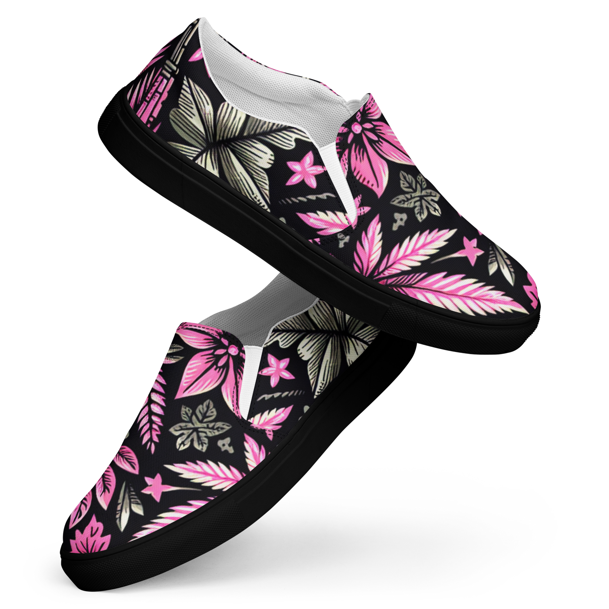 Zwei Damen Slip Ons mit pink schwarzem Hanfblatt Muster und schwarzem Gummirand