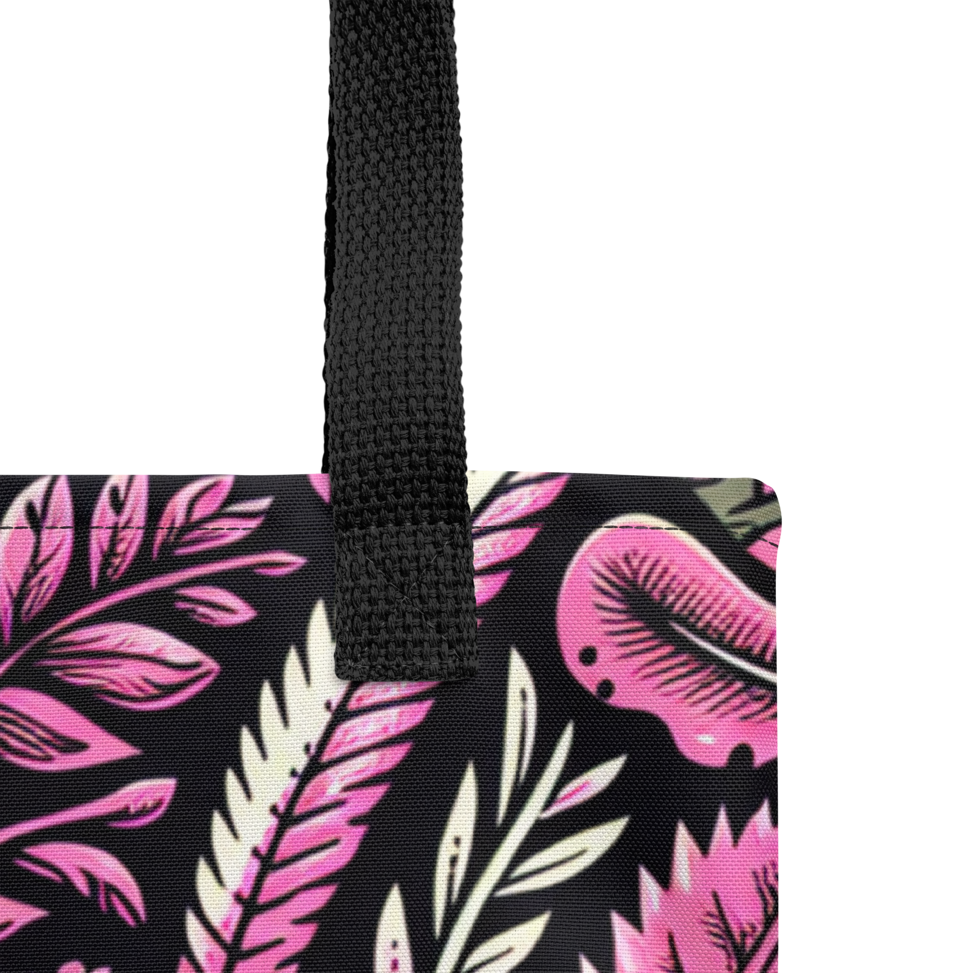 Nahaufnahme All Over Stoffbeutel mit pink schwarzem Hanfblatt Muster