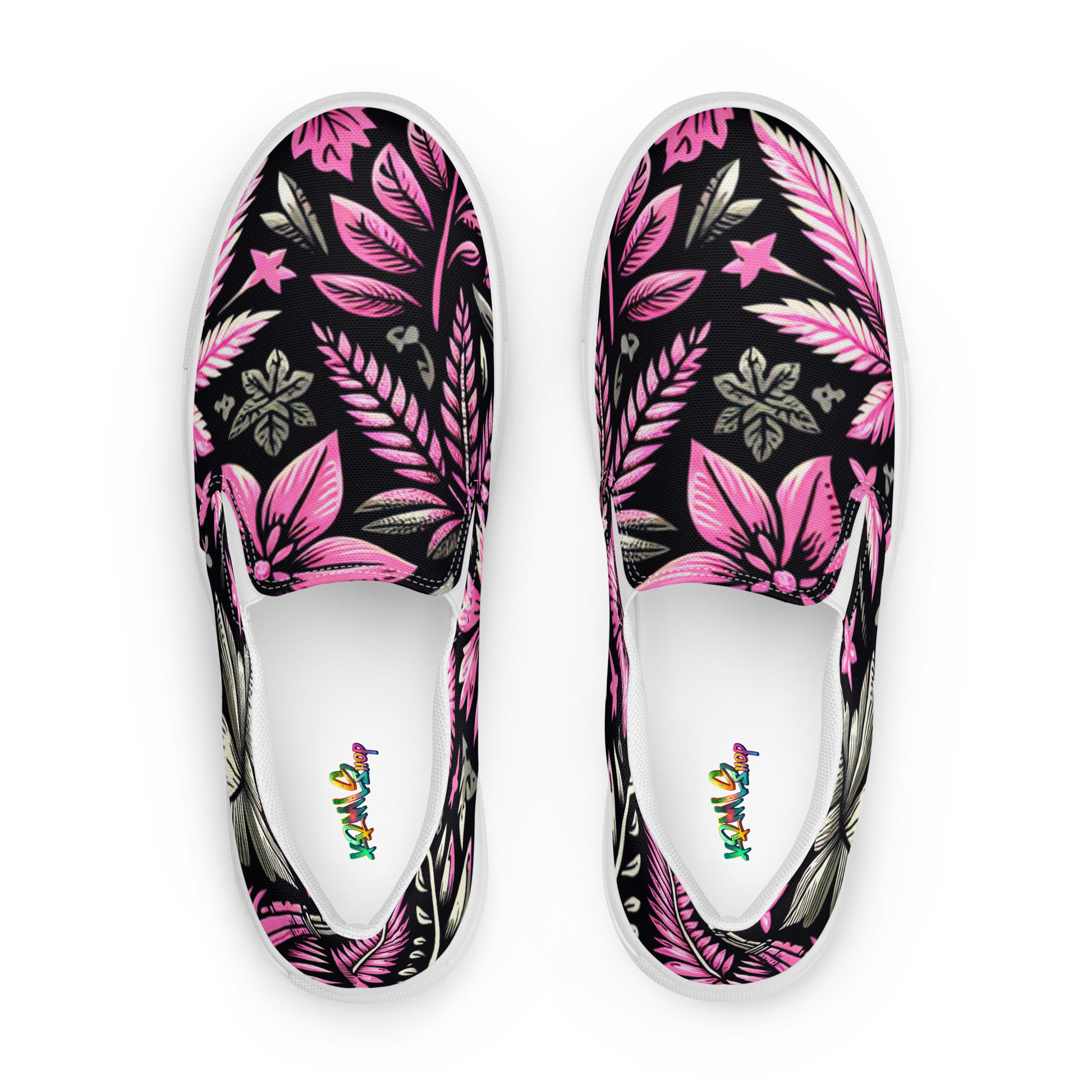 Obenansicht Zwei Damen Slip Ons mit pink schwarzem Hanfblatt Muster