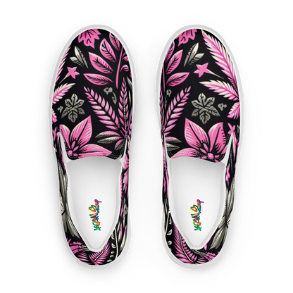 Obenansicht Zwei Damen Slip Ons mit pink schwarzem Hanfblatt Muster