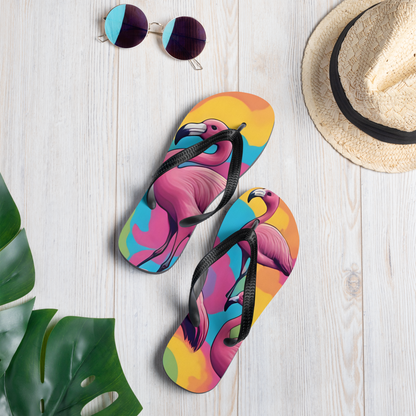 Flip-Flops mit Flamingos und buntem Hintergrund bedruckt als Mock Up