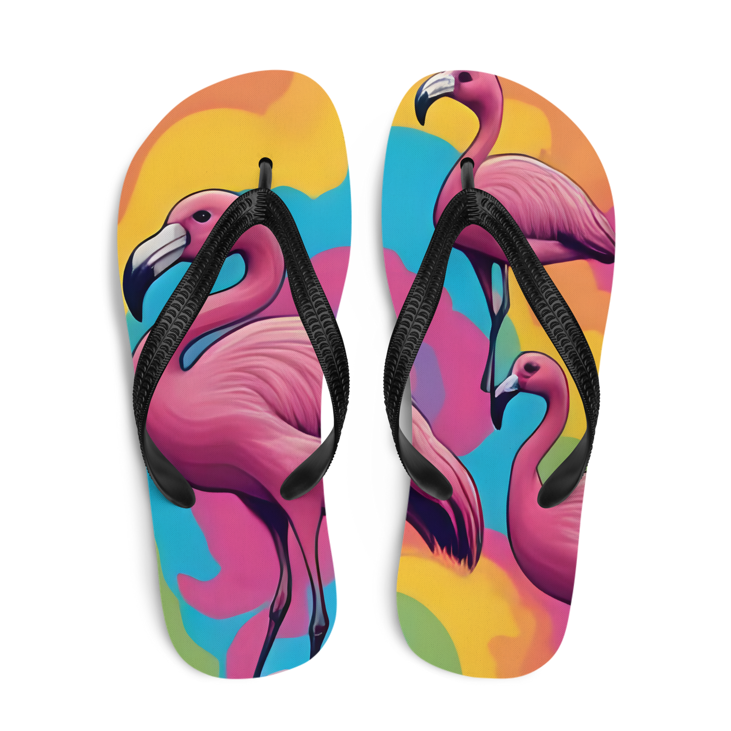 Flip-Flops mit Flamingos und buntem Hintergrund bedruckt