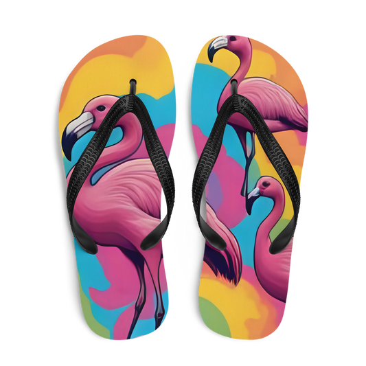 Flip-Flops mit Flamingos und buntem Hintergrund bedruckt