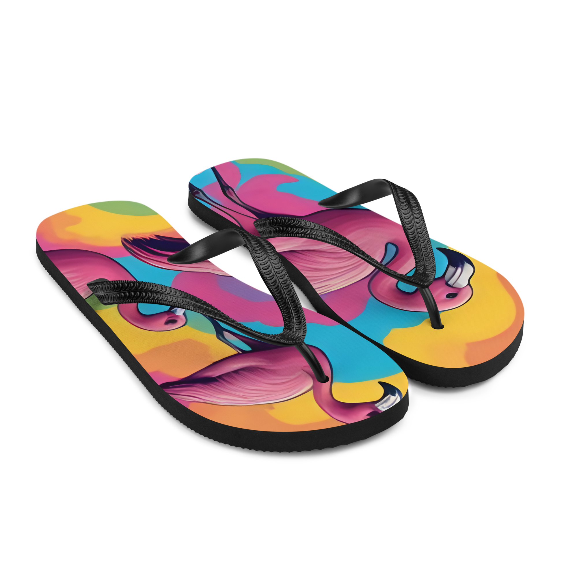 Flip-Flops mit Flamingos und buntem Hintergrund bedruckt Seitenansicht