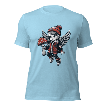 Ozeanblaues Unisex T-Shirt mit fliegendem Mädchen mit Fliegenpilz in der Hand