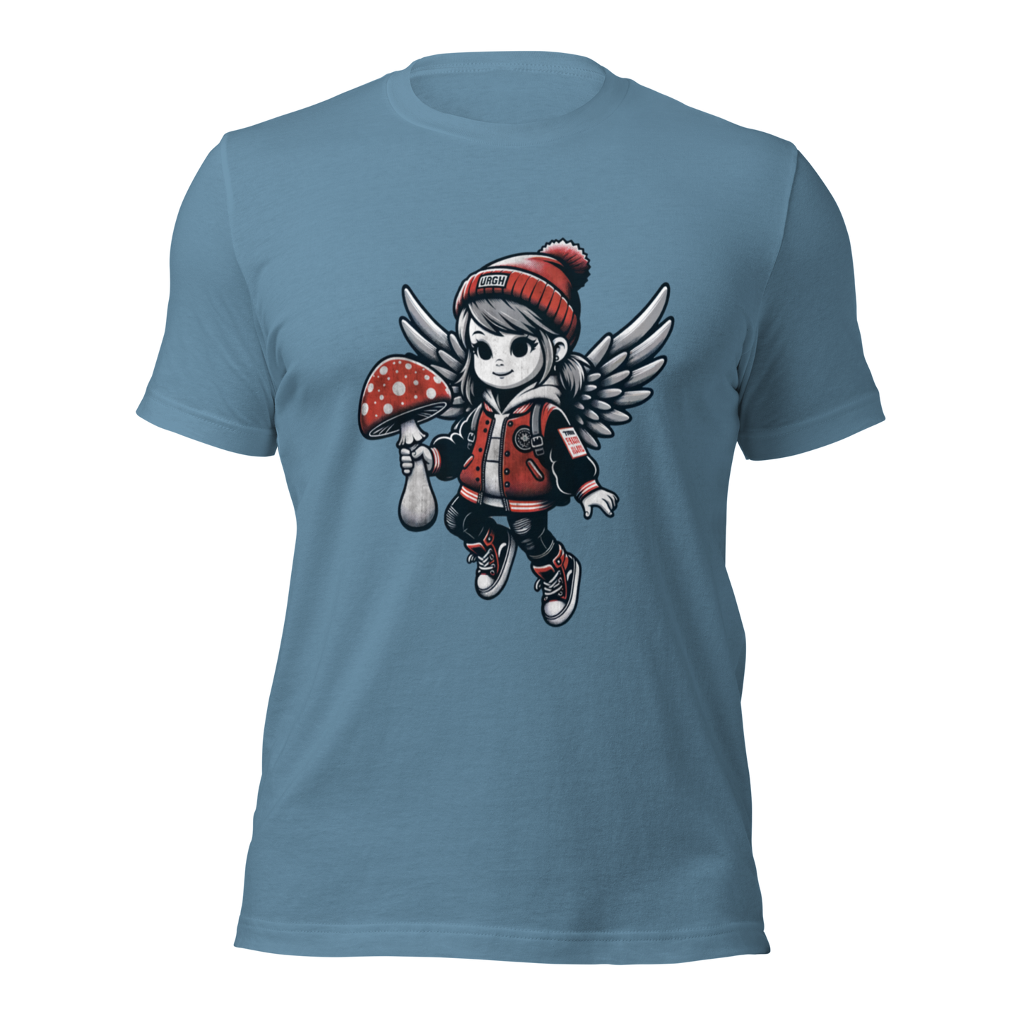 Stahlblaues Unisex T-Shirt mit fliegendem Mädchen mit Fliegenpilz in der Hand