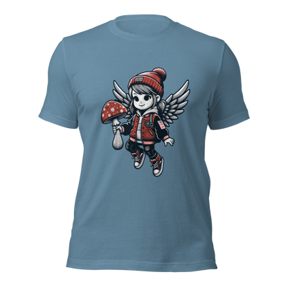 Stahlblaues Unisex T-Shirt mit fliegendem Mädchen mit Fliegenpilz in der Hand