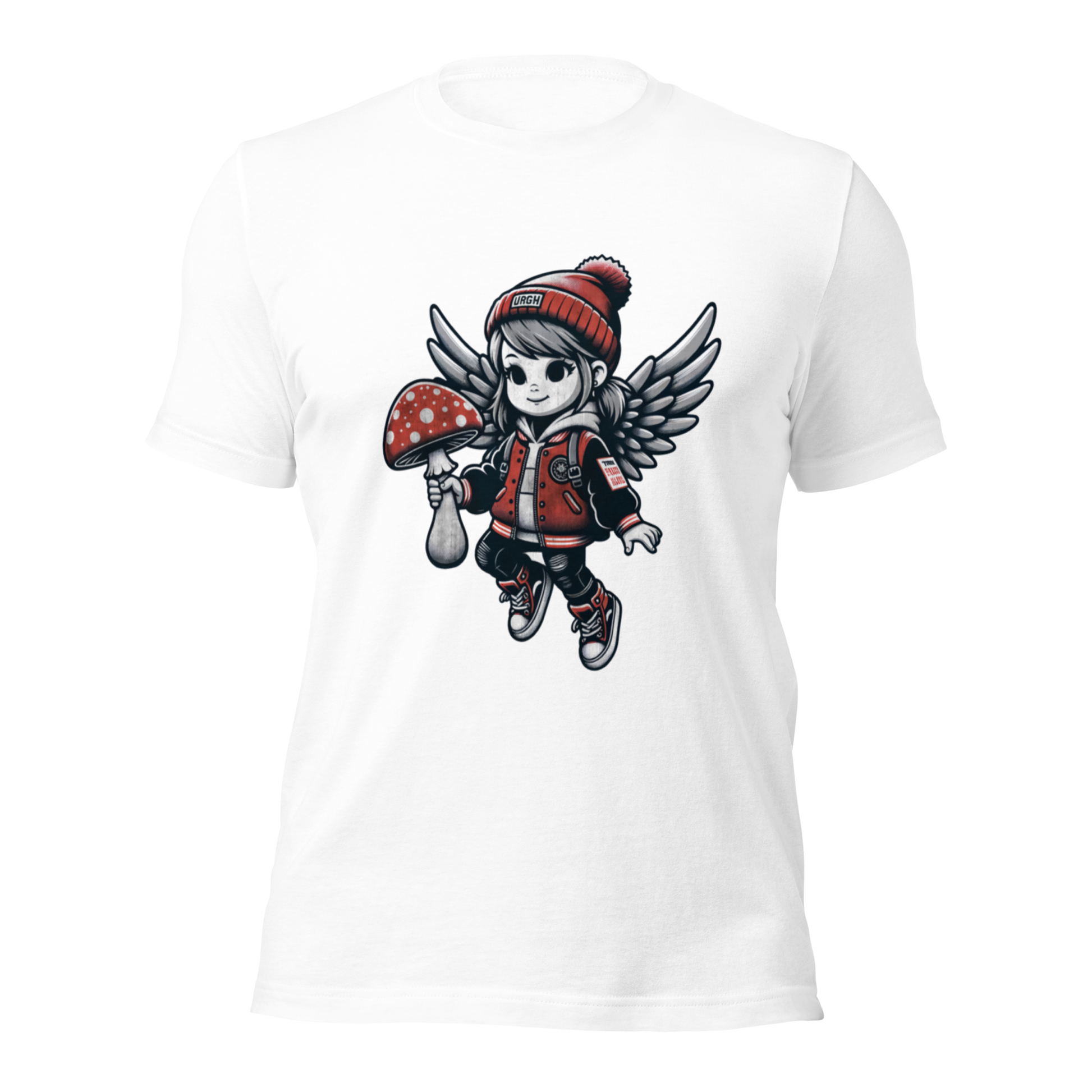 Weißes Unisex T-Shirt mit fliegendem Mädchen mit Fliegenpilz in der Hand