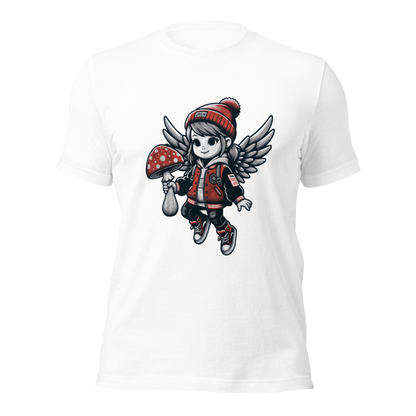 Weißes Unisex T-Shirt mit fliegendem Mädchen mit Fliegenpilz in der Hand