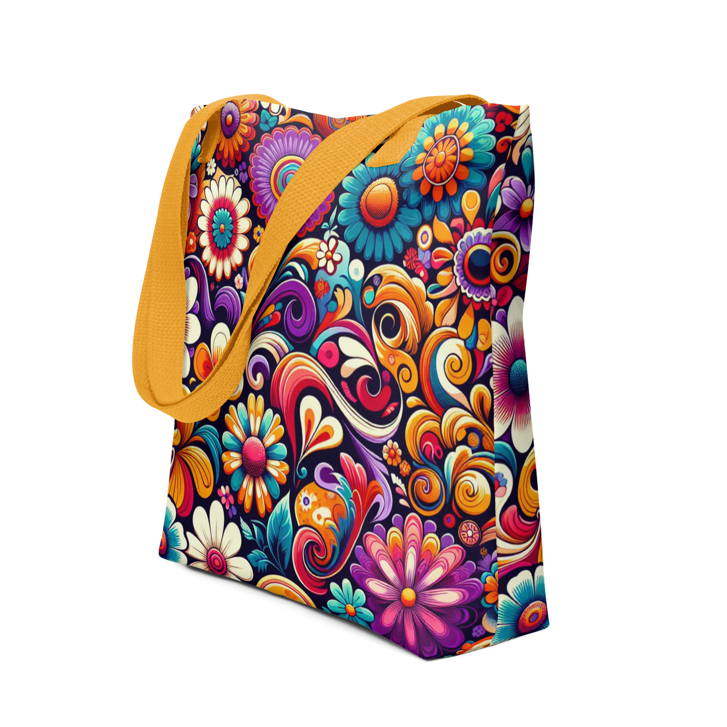 All-Over Beutel mit buntem Blumenmuster bedruckt und orangen Henkeln, Seitenansicht