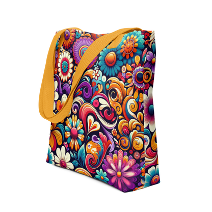 All-Over Beutel mit buntem Blumenmuster bedruckt und orangen Henkeln, Seitenansicht