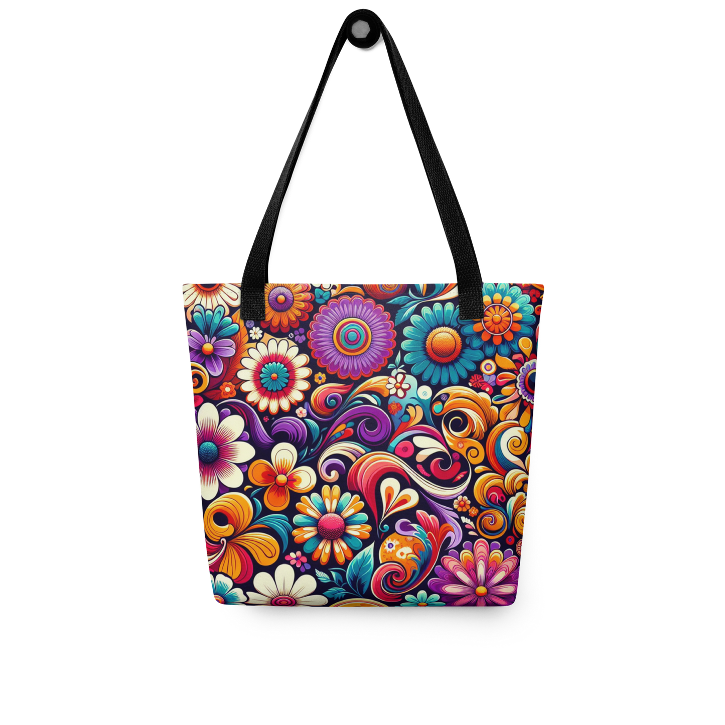 All-Over Beutel mit buntem Blumenmuster bedruckt und schwarzen Henkeln