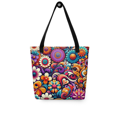 All-Over Beutel mit buntem Blumenmuster bedruckt und schwarzen Henkeln