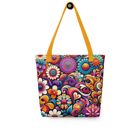 All-Over Beutel mit buntem Blumenmuster bedruckt und orangen Henkeln