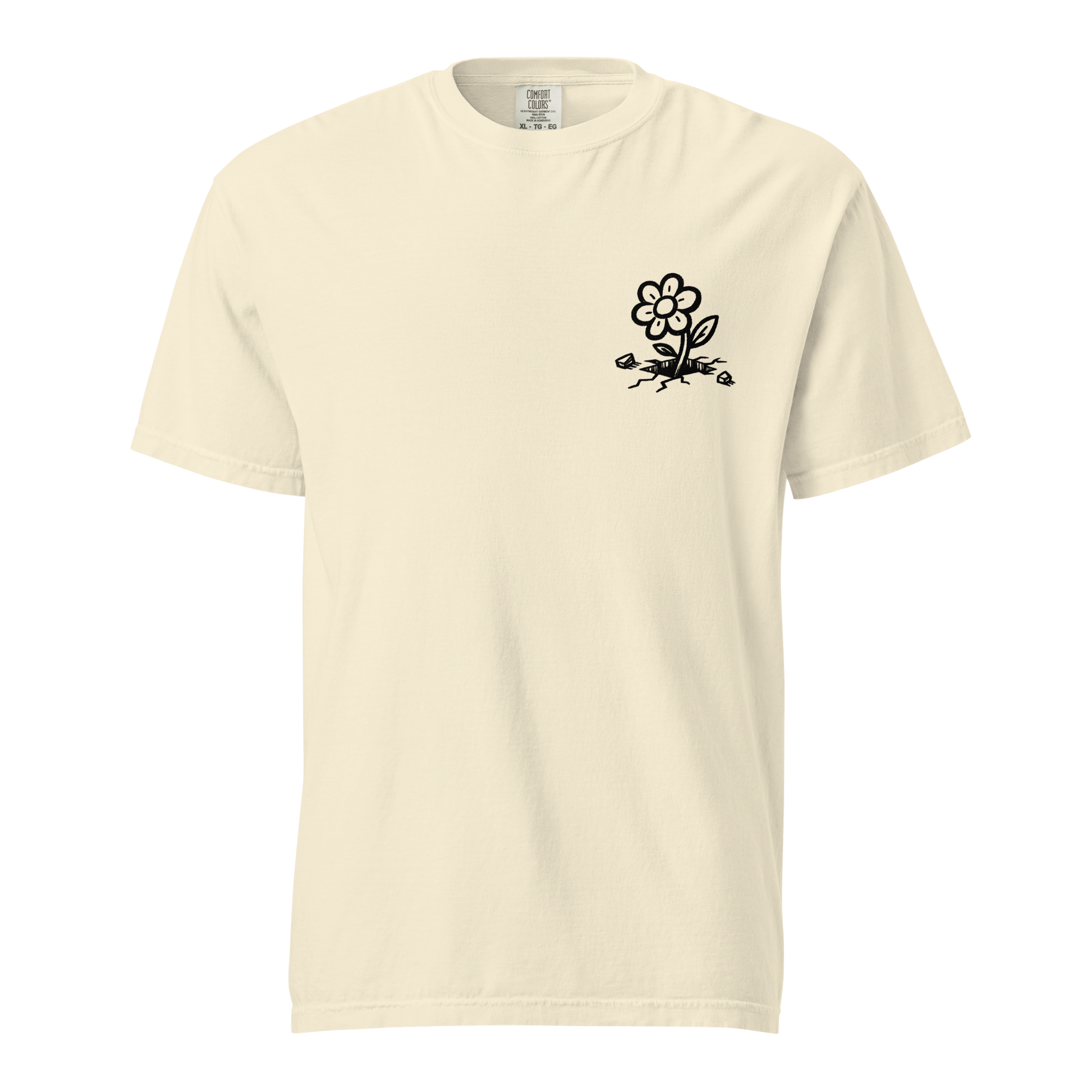 Creme farbendes T-Shirt mit kleiner Blume die aus dem Asphlat wächst Print im Brustbereich