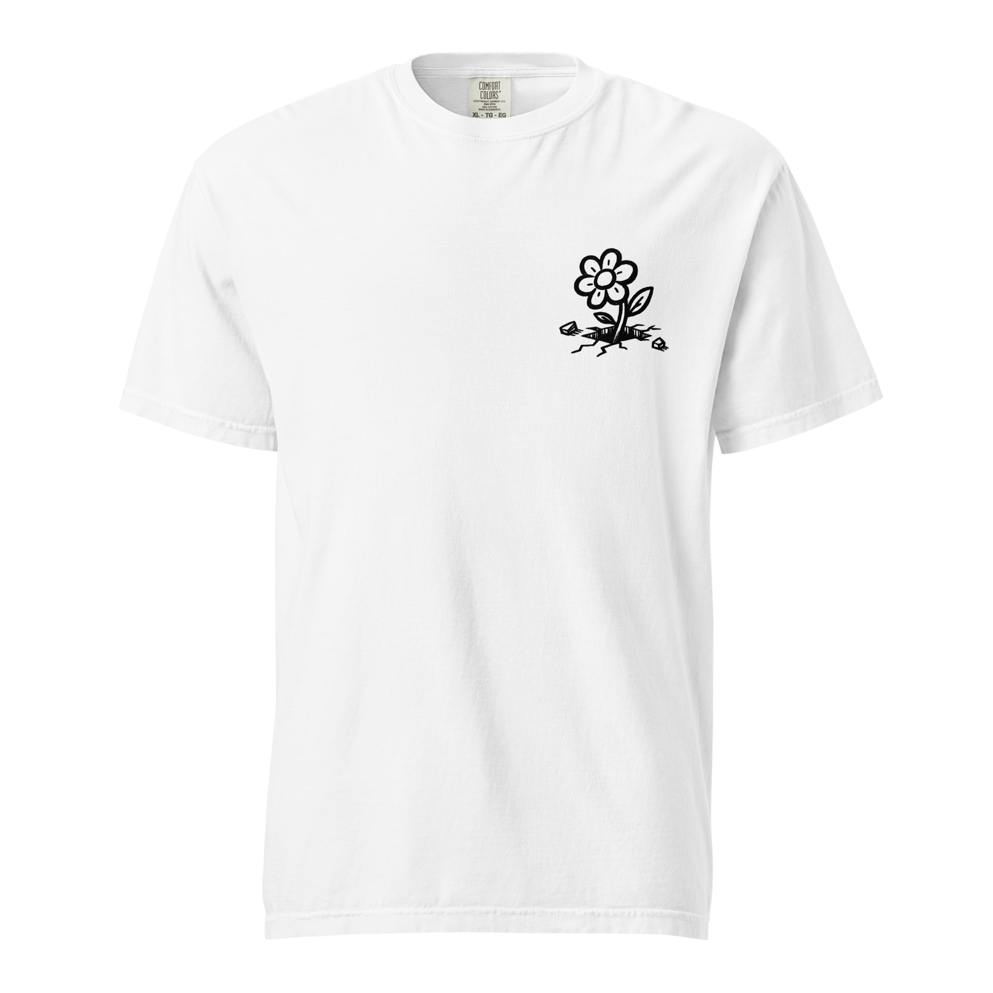 Weißes T-Shirt mit kleiner Blume die aus dem Asphlat wächst Print im Brustbereich