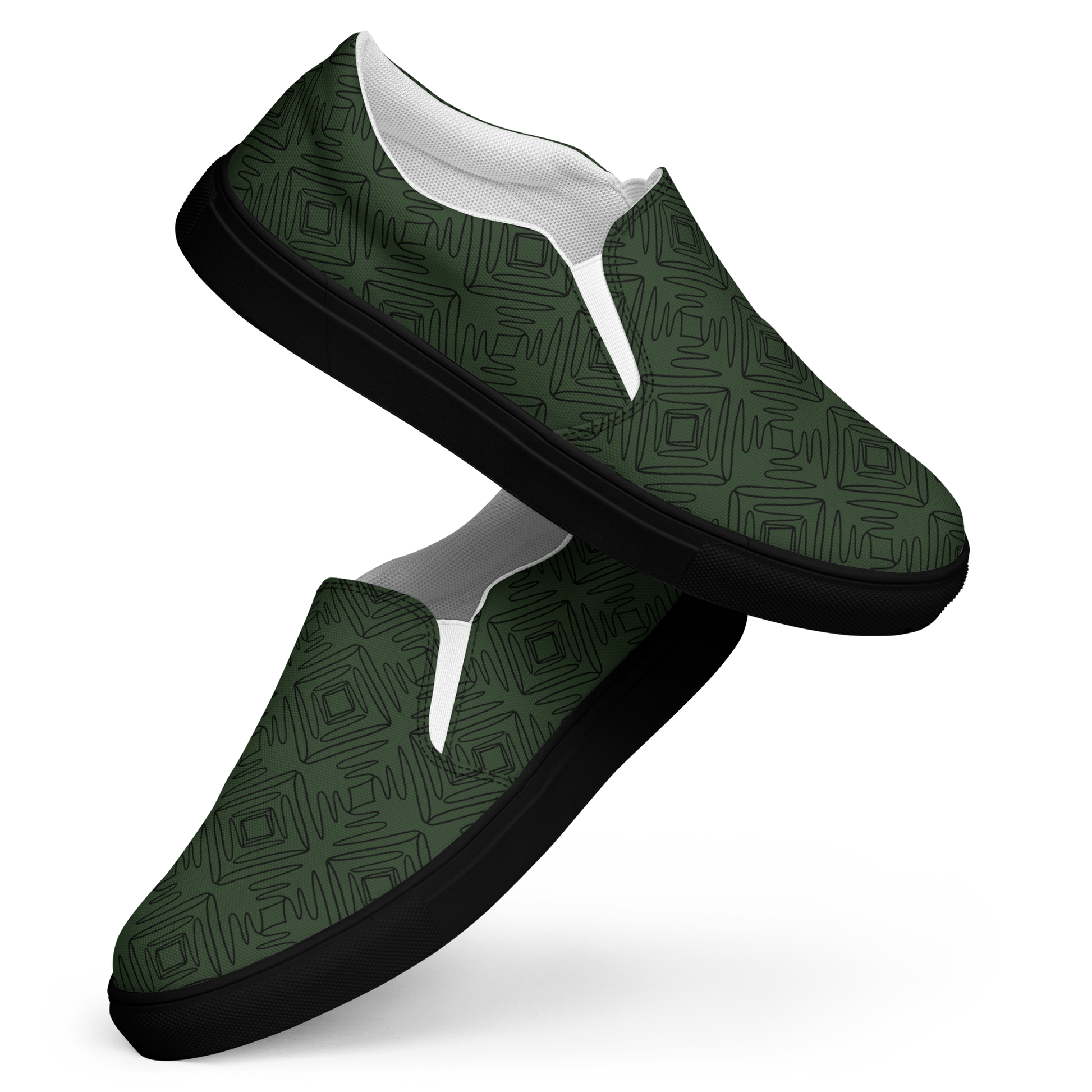 Herren Slipper in dunklem grün mit geometrischen schwarzen Linien