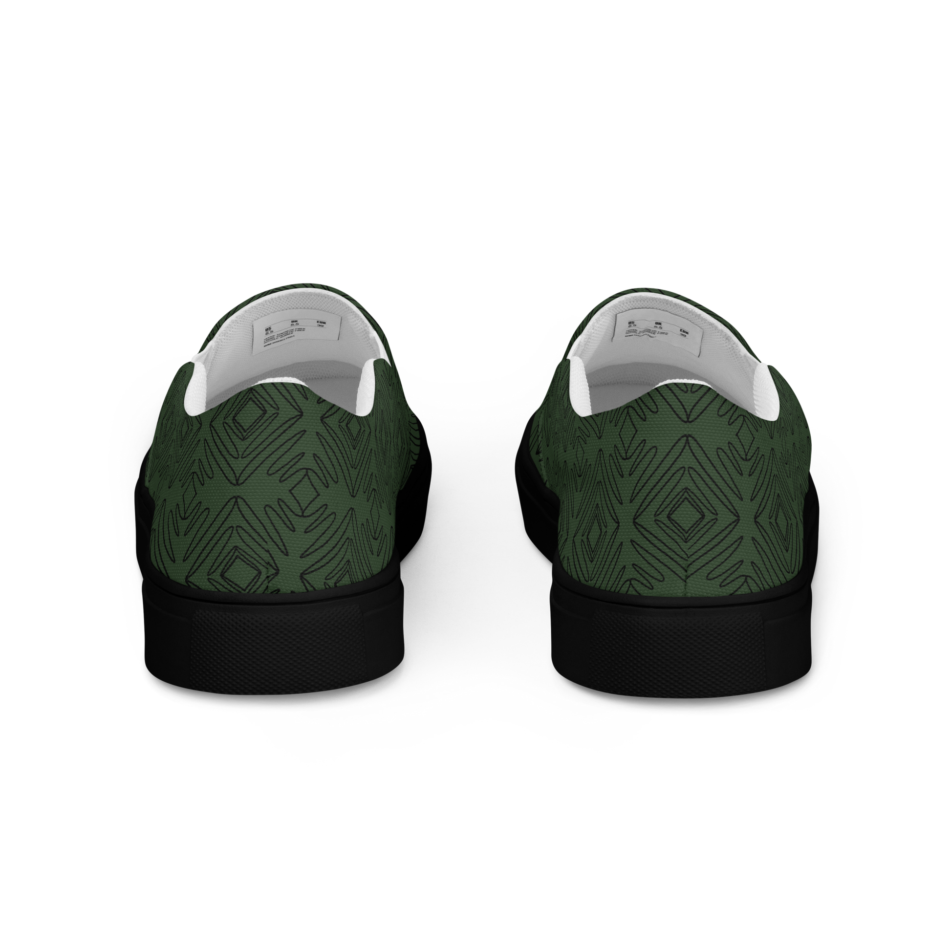 Herren Slipper in dunklem grün mit geometrischen schwarzen Linien Hintenansicht