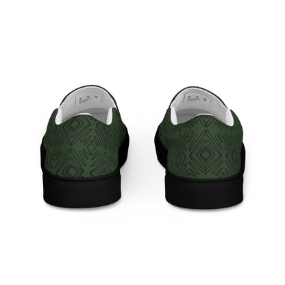 Herren Slipper in dunklem grün mit geometrischen schwarzen Linien Hintenansicht