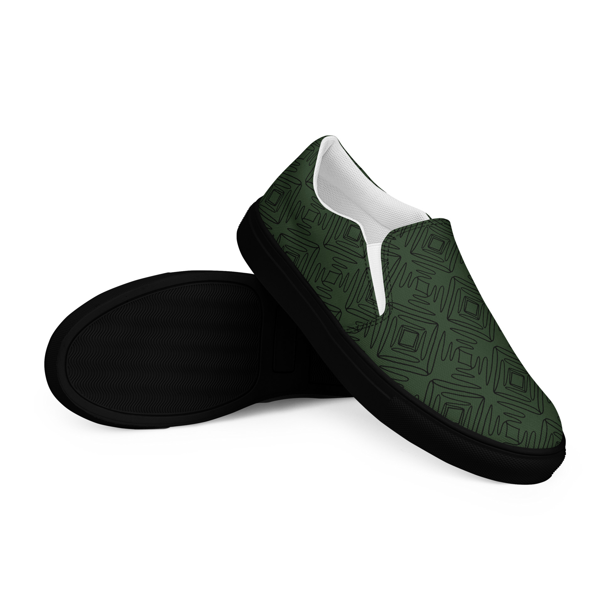 Seitenansicht Herren Slipper in dunklem grün mit geometrischen schwarzen Linien