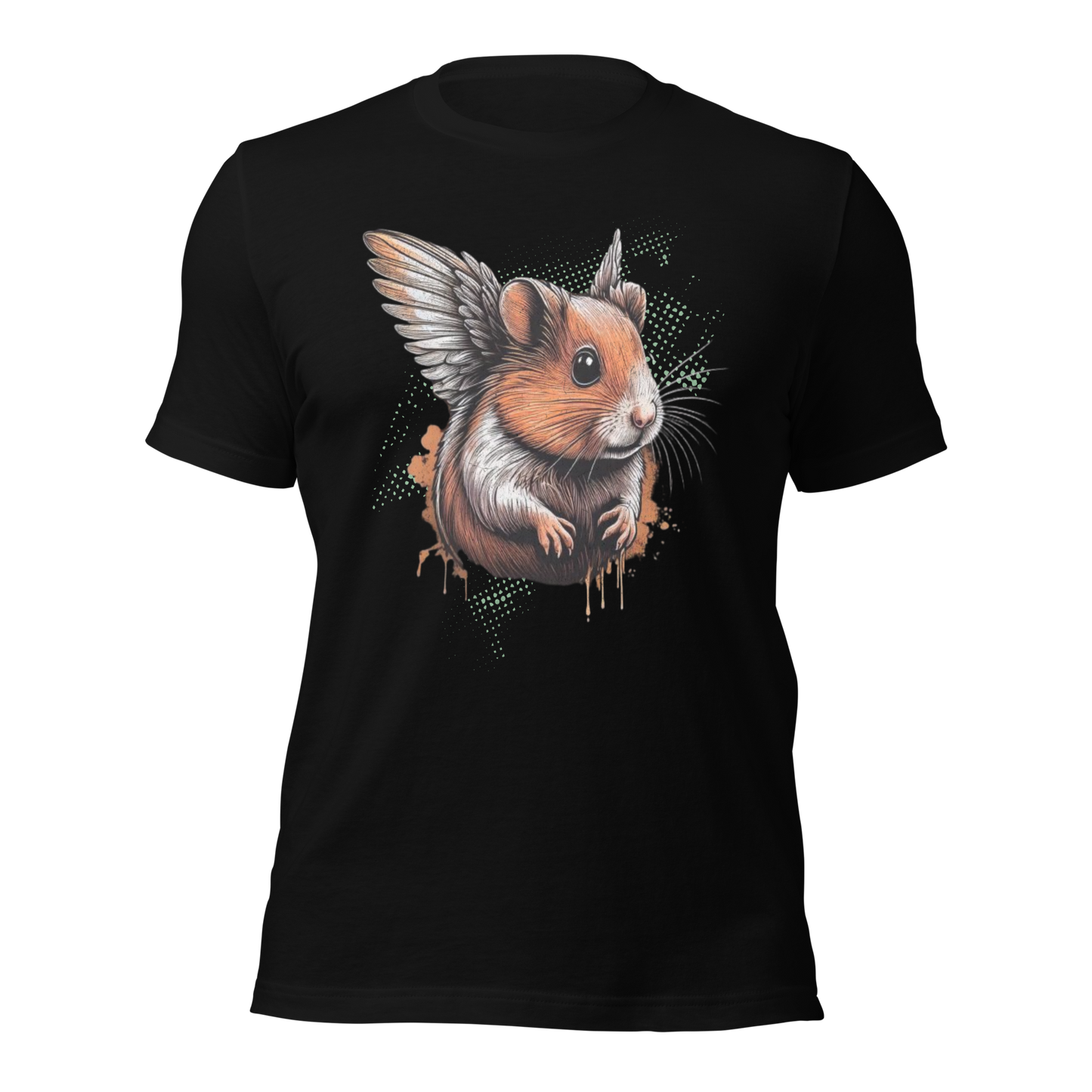 Schwarzes Unisex T-Shirt mit Hamster mit Flügeln Print