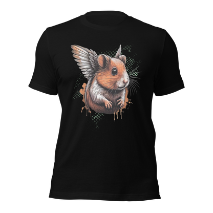 Schwarzes Unisex T-Shirt mit Hamster mit Flügeln Print