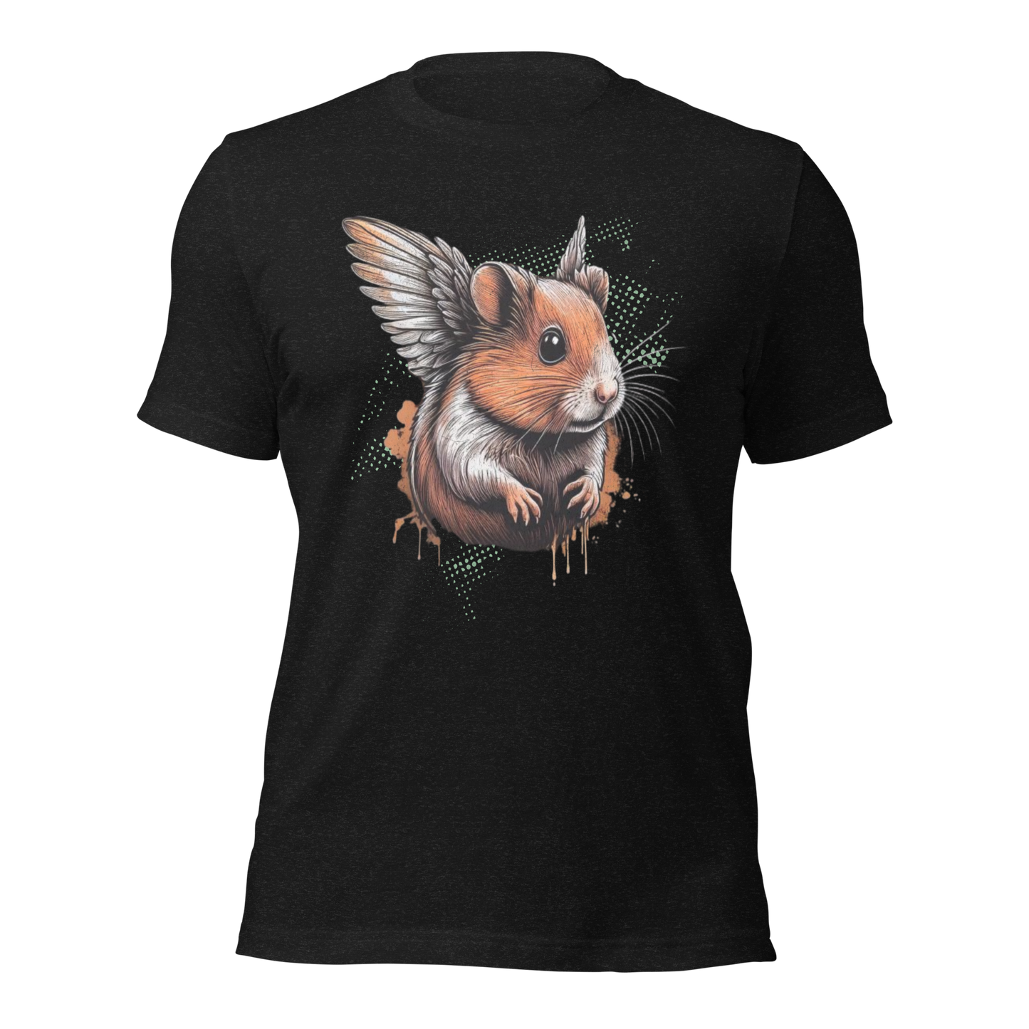 Heather schwarzes Unisex T-Shirt mit Hamster mit Flügeln Print