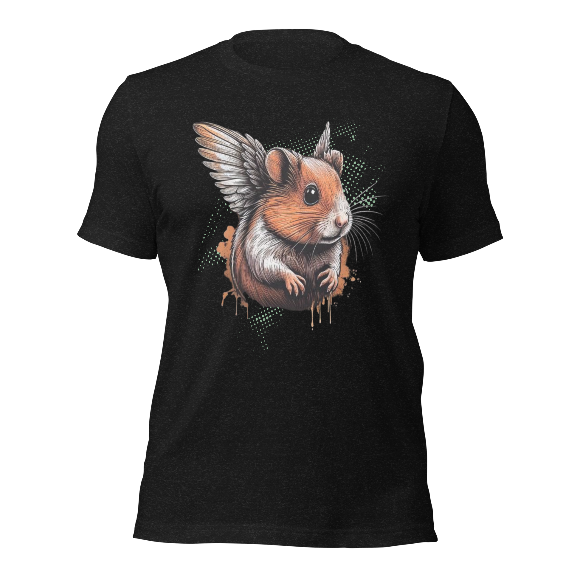 Heather schwarzes Unisex T-Shirt mit Hamster mit Flügeln Print