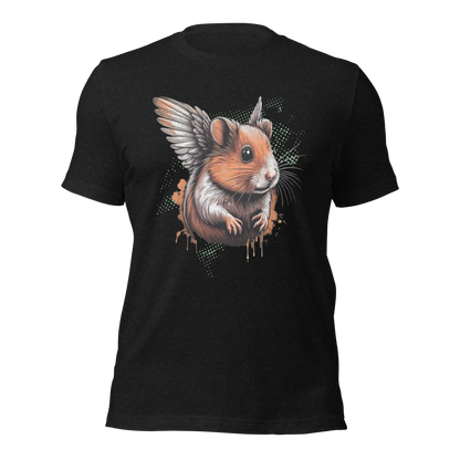 Heather schwarzes Unisex T-Shirt mit Hamster mit Flügeln Print