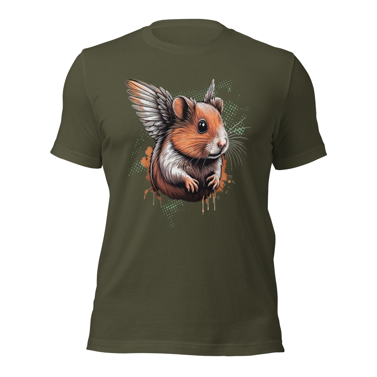 Militärgrünes Unisex T-Shirt mit Hamster mit Flügeln Print