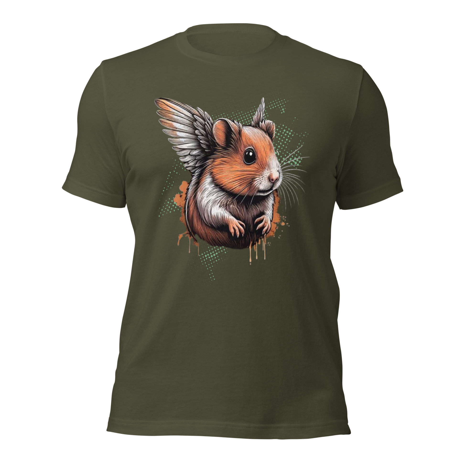 Militärgrünes Unisex T-Shirt mit Hamster mit Flügeln Print