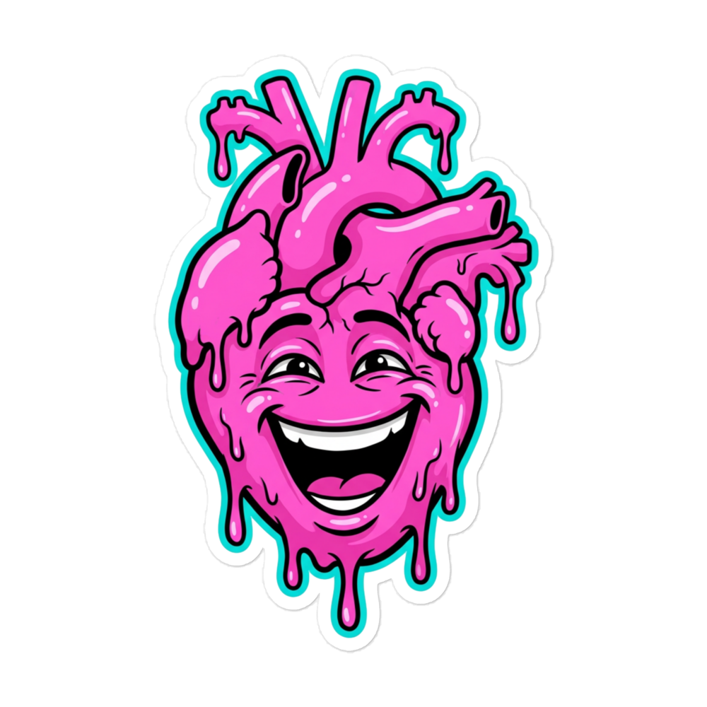 Sticker mit Pinkem lachenden echten Herz mit blauer Outline und Frabtropfen  5.5x5.5