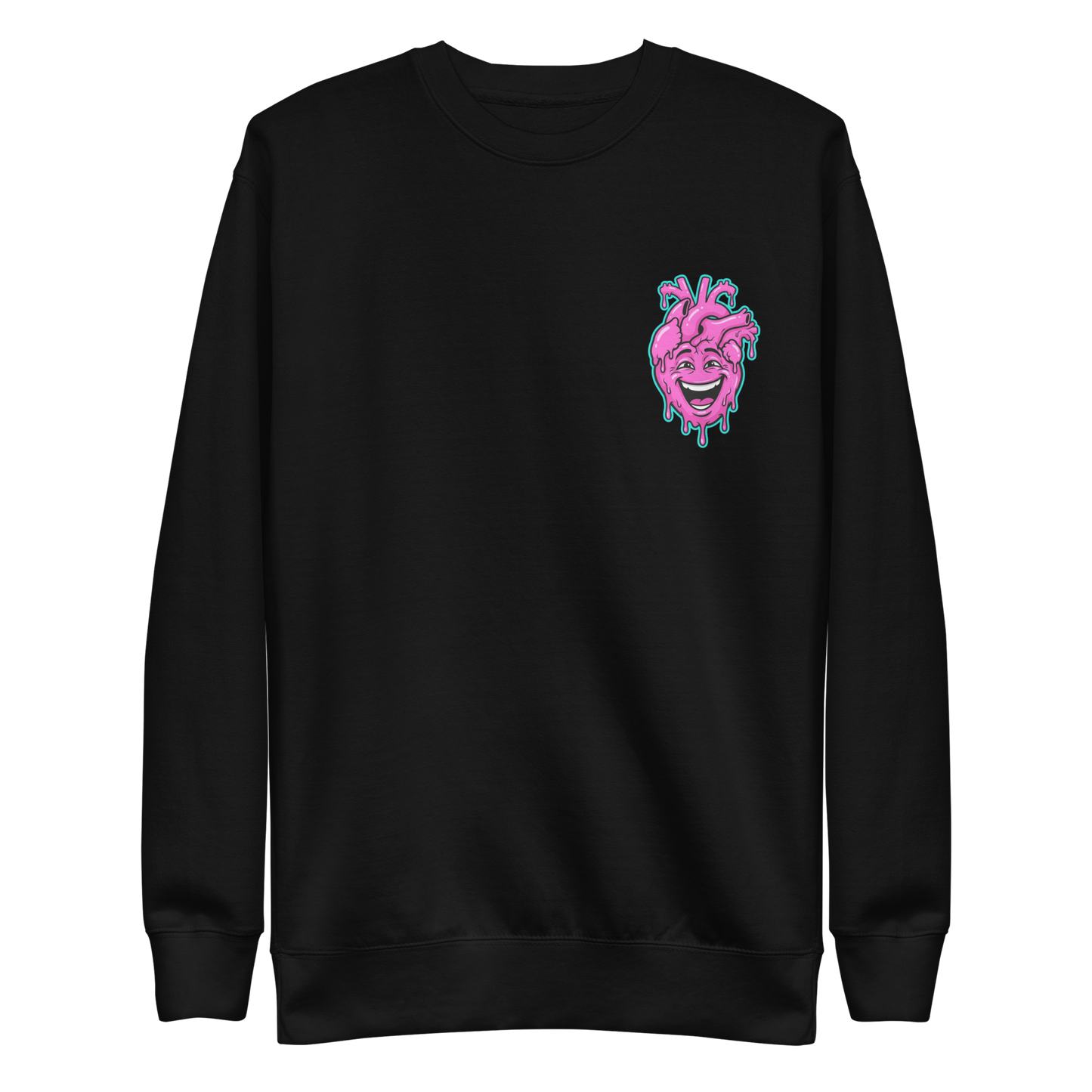 Schwarzer Pullover mit pinkem lachendem echten Herz und Farbtropfen Motiv